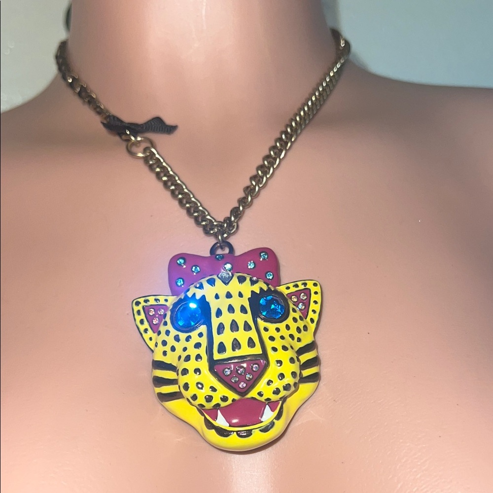 Betsey Johnson Yellow Leopard Face Pendant Necklace with Pink Bow